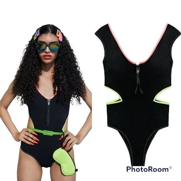 Zara Other - Zara Women’s Black Cut Out Piping Neón Trim Zip Front Cheeky Swimsuit Sz S NWT